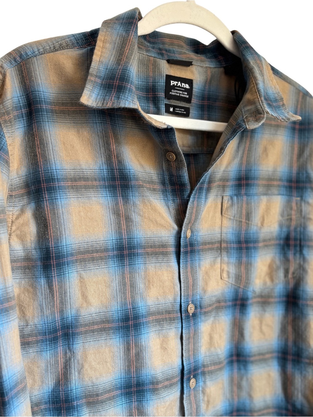 prAna Los Feliz Flannel Shirt Mens M Tan Blue Plaid Organic Cotton Long Sleeve